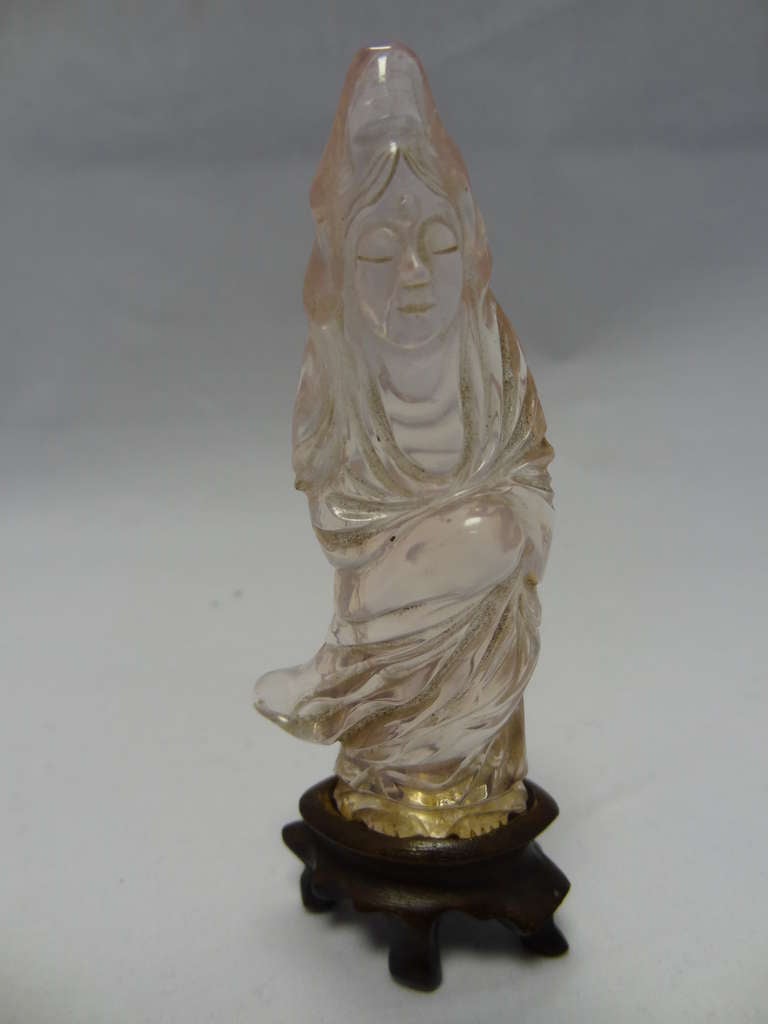 A lovely Guanyin carved from rose quartz. The Guanyin was properly the Chinese Goddess of Mercy.Guanshiyin relates to the Observation of the Sounds of the World and accords with a tenet of Buddhism. 

Undated, unmarked 

CHINESE SCHOOL (19th