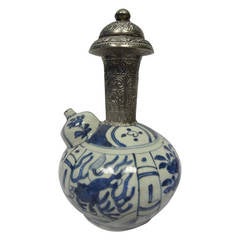 Porcelain Kendi with Persian White Metal Neck and Cover
