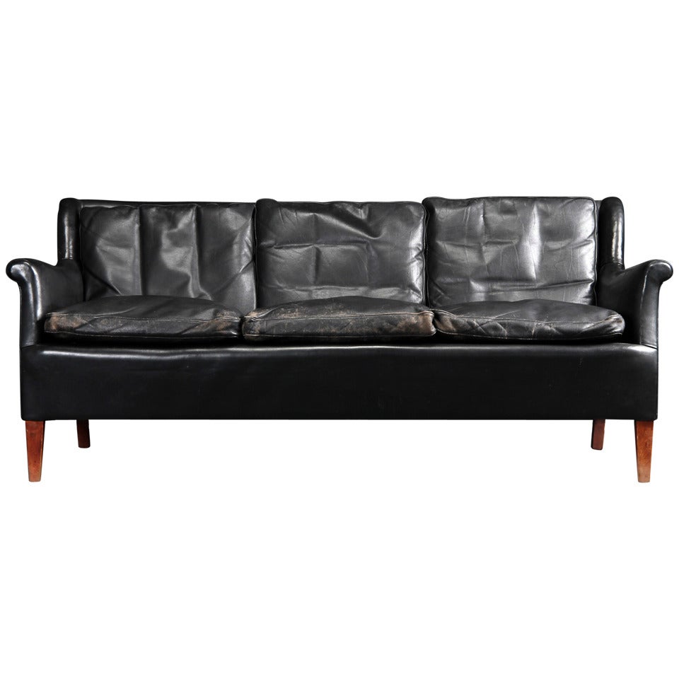 Frits Henningsen Black Leather Sofa, circa 1940