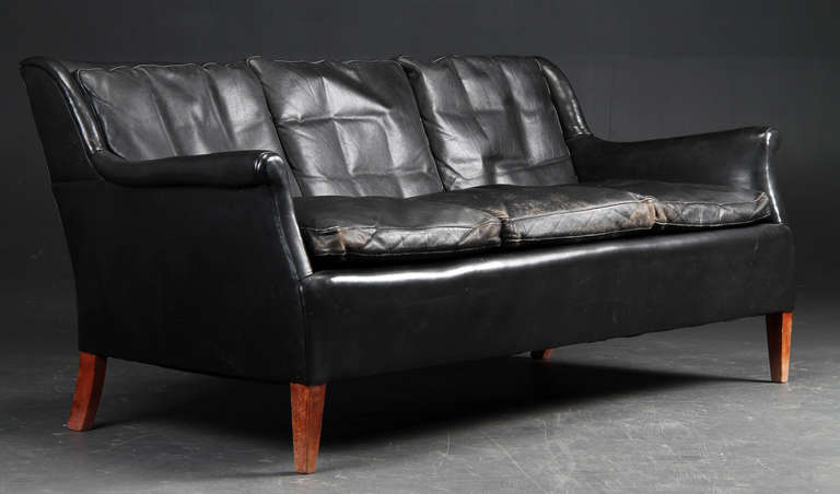 Mid-Century Modern Frits Henningsen Black Leather Sofa, circa 1940
