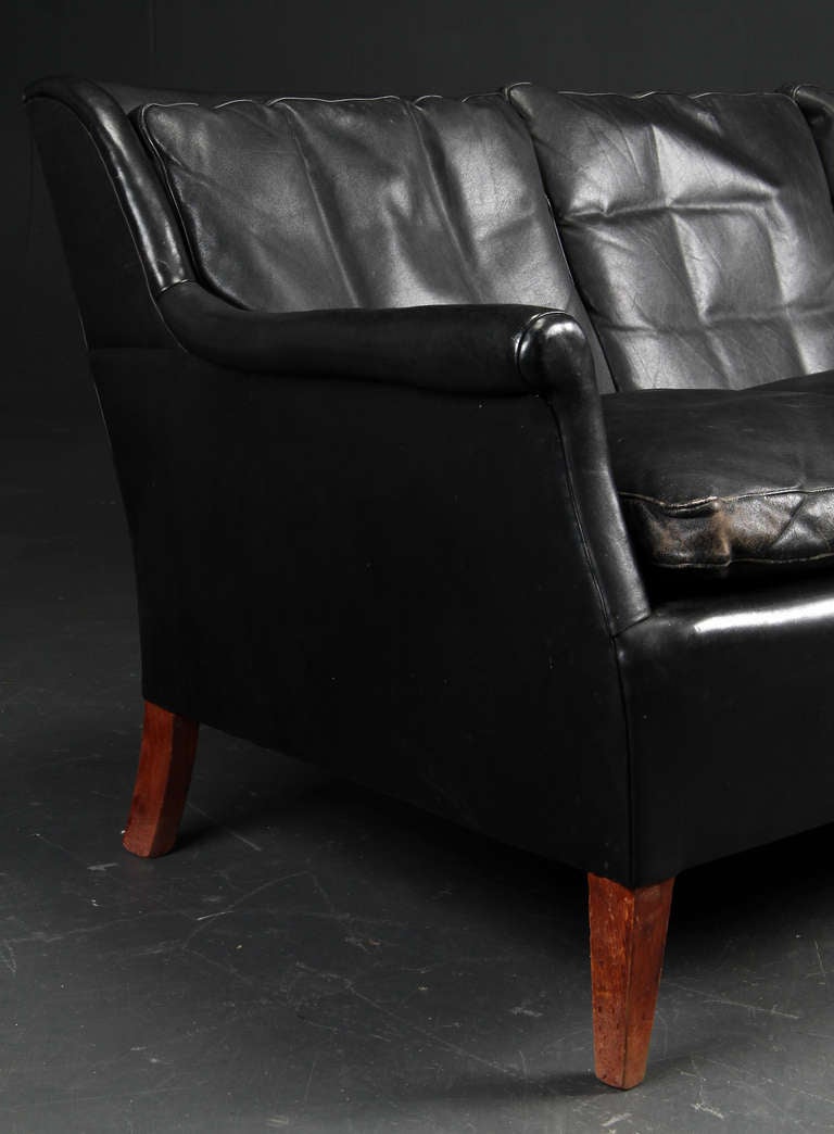 Danish Frits Henningsen Black Leather Sofa, circa 1940