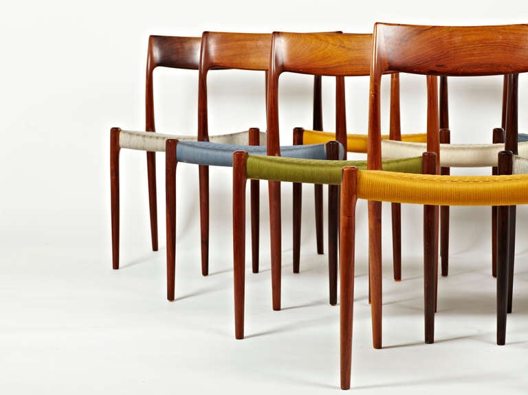 Scandinavian Modern Niels Otto Moller Rosewood Dining Chairs in Original Woven Coloured Cord Seats For Sale
