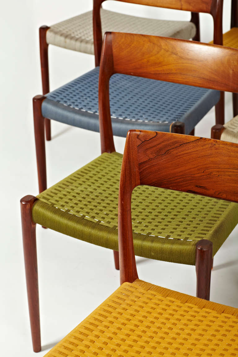 Mid-20th Century Niels Otto Moller Rosewood Dining Chairs in Original Woven Coloured Cord Seats For Sale