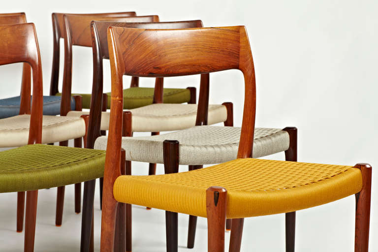 Niels Otto Moller Rosewood Dining Chairs in Original Woven Coloured Cord Seats For Sale 1
