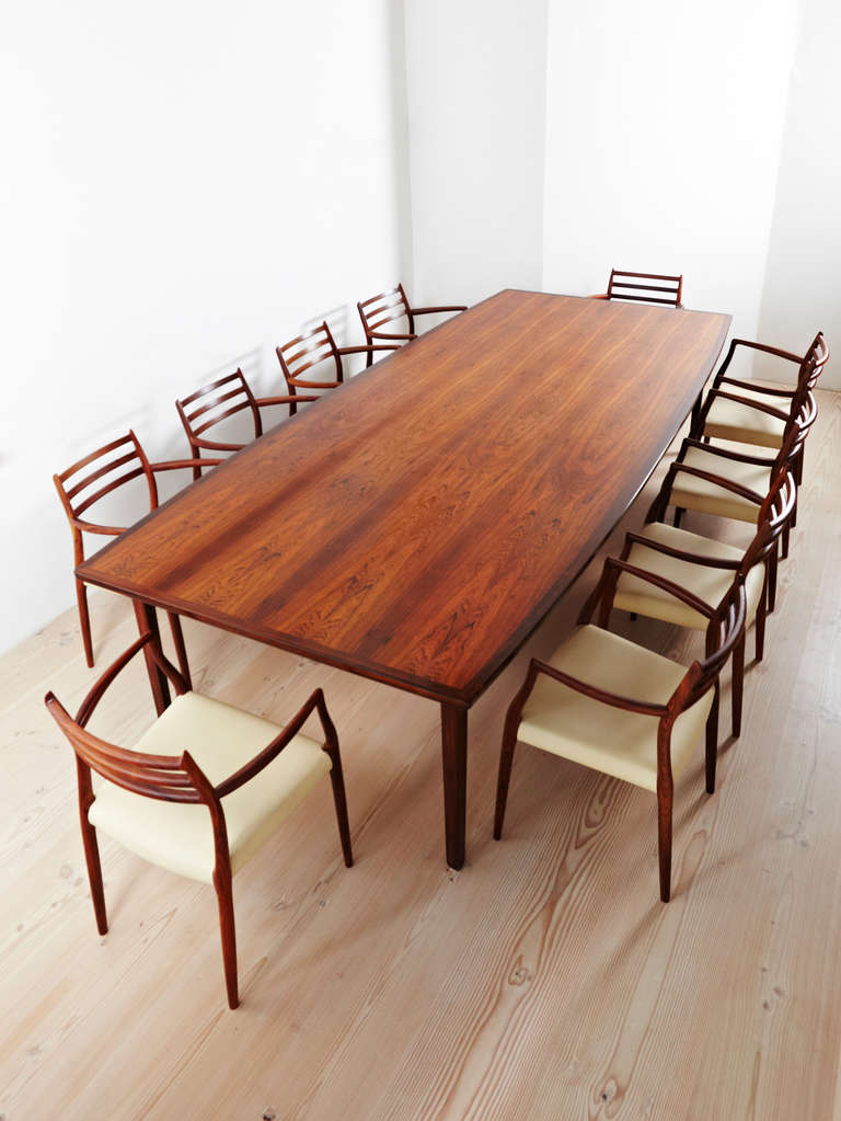 This set combines 10 carver dining chairs designed in 1962 by Niels otto Moller with avintage rosewood dining table measuring 320x120cm. The Moller carvers were made in 2013 at JL Moller in Denmark of rosewood sourced by Paere Dansk from a Costa