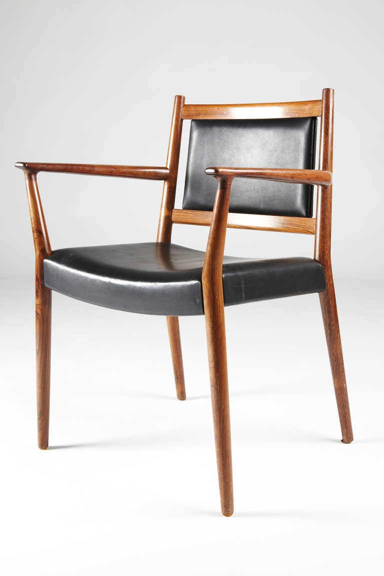 Danish Steffan Larsen Rosewood and Black Leather Dining Chairs