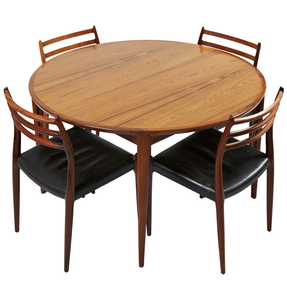 Niels Otto Møller Rosewood Dining Chairs with Rosengren Hansen Rosewood Table For Sale