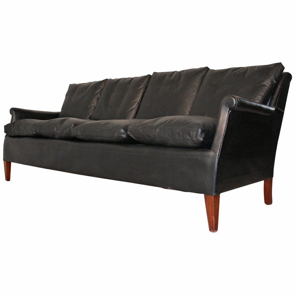 Frits Henningsen Four-Seat Black Leather Sofa, circa 1940 For Sale