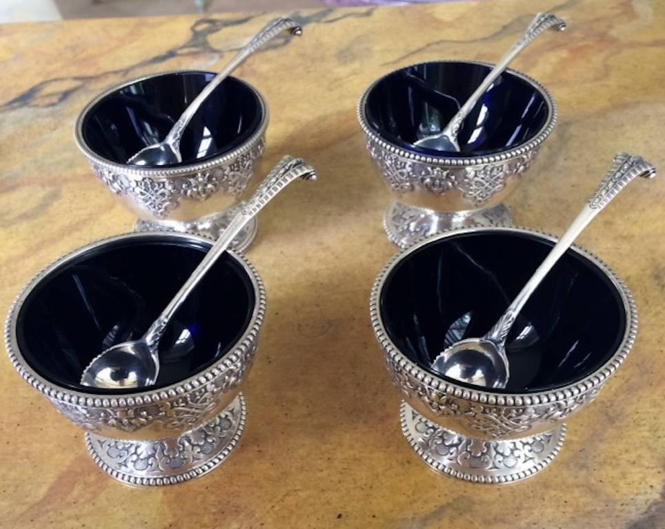 19th Century Set of Four Silver Salts Complete with Their Original Spoons by Robert Hennell