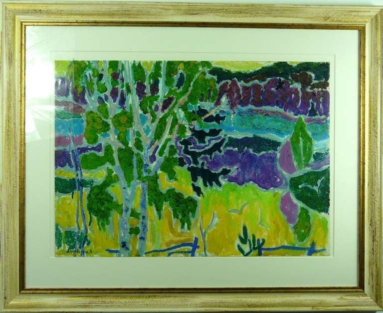 Abstract depiction of woodland scene by well known Russian artist Nina Lugovskaya. This work is indicative of a major hand in the Russian Vladimir School.