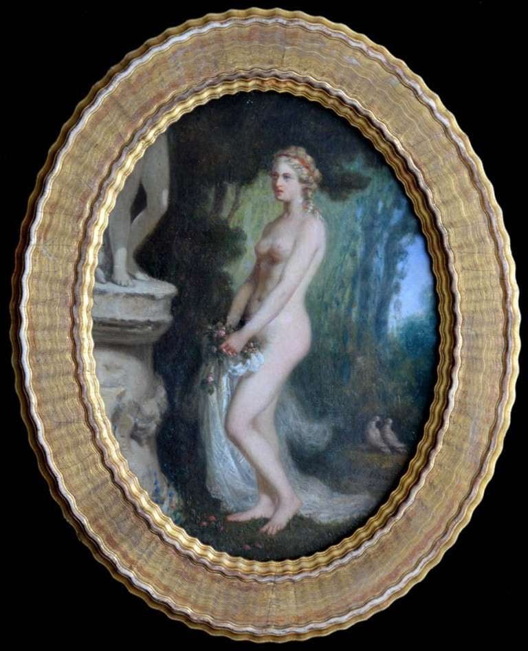 This charming painting is reminiscent the frescoes of Pompeii. It is a fine example of Salles-Wagner's ability to render feminine beauty and emotional expression in the French academic tradition. It stands out as a particularly well-painted work by