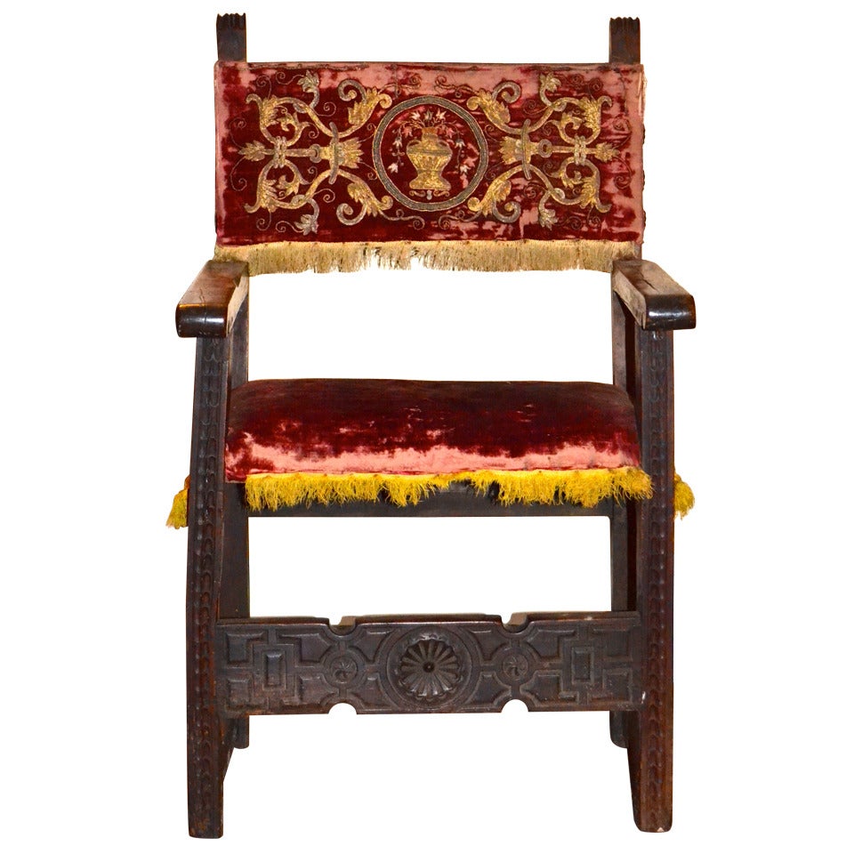 17th Century Spanish Arm Chair with Carved Stretcher For Sale