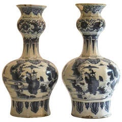 Antique Pair of Small 17th Century Blue and White Delft Vases
