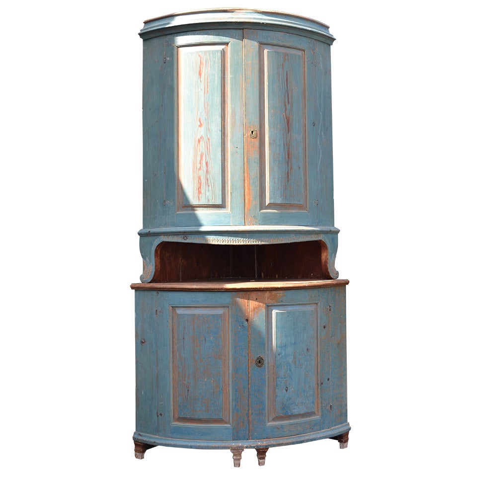 Early 19th Century Blue Standing Swedish Corner Cupboard For Sale