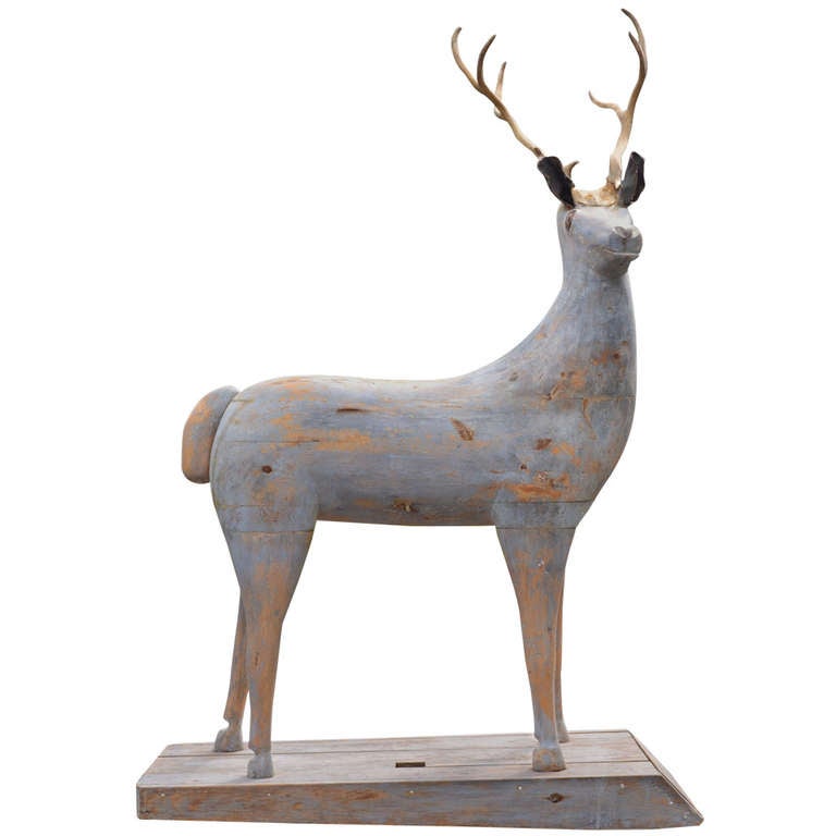 Early 19th Century Swedish Wooden Painted Stag on Platform For Sale