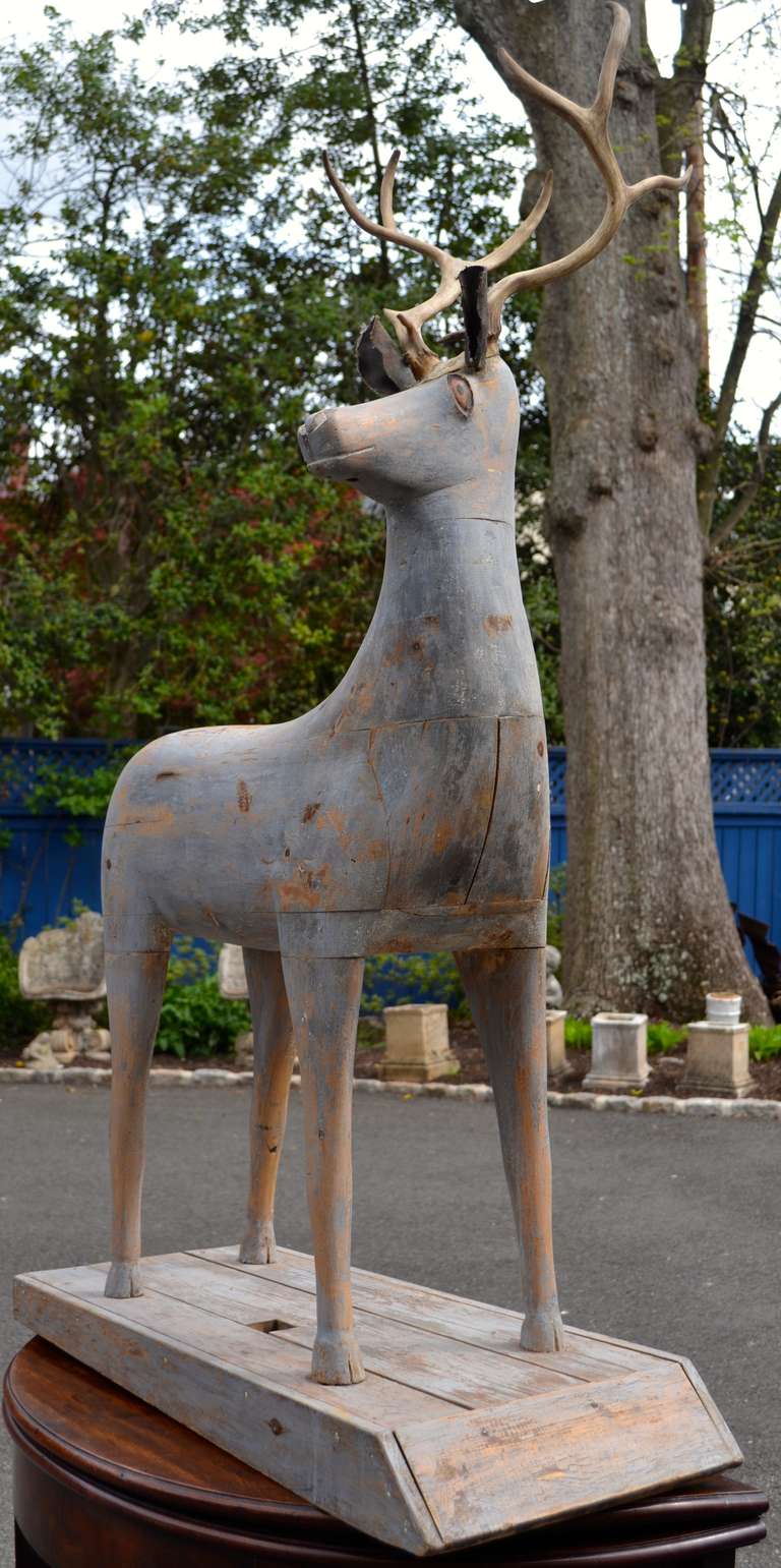 Early 19th Century Swedish Wooden Painted Stag on Platform In Good Condition For Sale In Richmond, VA