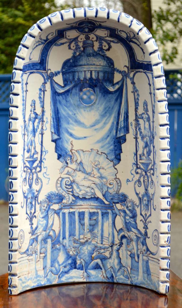 French 18th Century Blue and White Faience Niche Cover For Sale