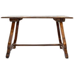 Antique Early 19th Century Spanish Table with Shaped Legs and Stretcher