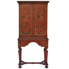 19th Century Red Lacquer Cabinet on Legs with Shaped Stretcher