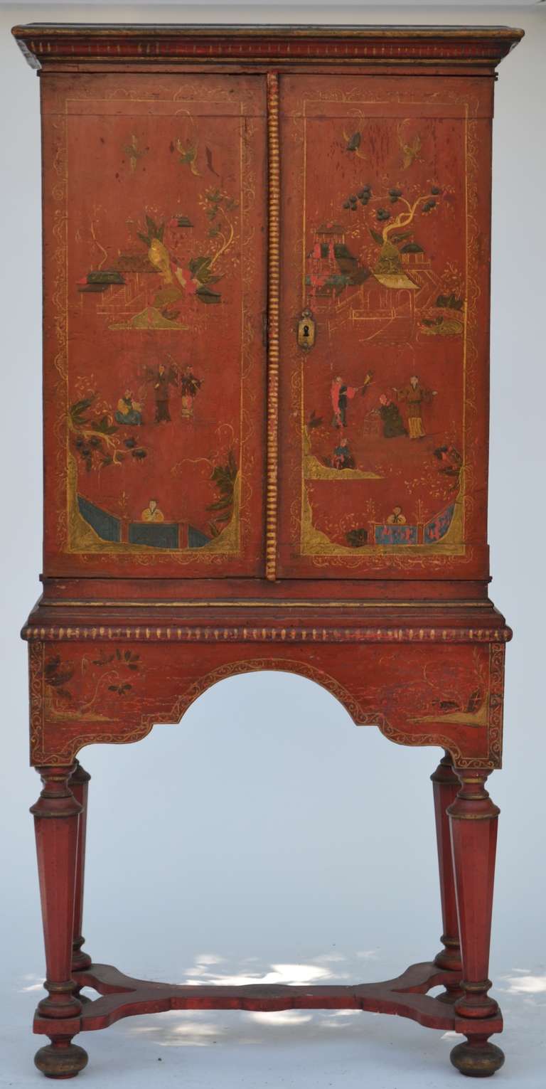 19th Century Red Lacquer Cabinet on Legs with Shaped Stretcher