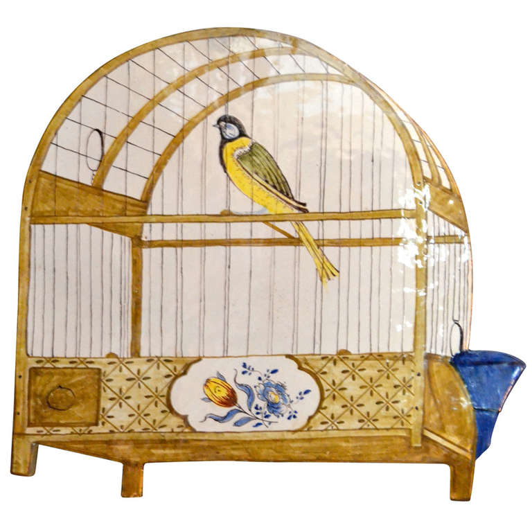 18th Century Polychrome Delft Birdcage Plaque Picture For Sale