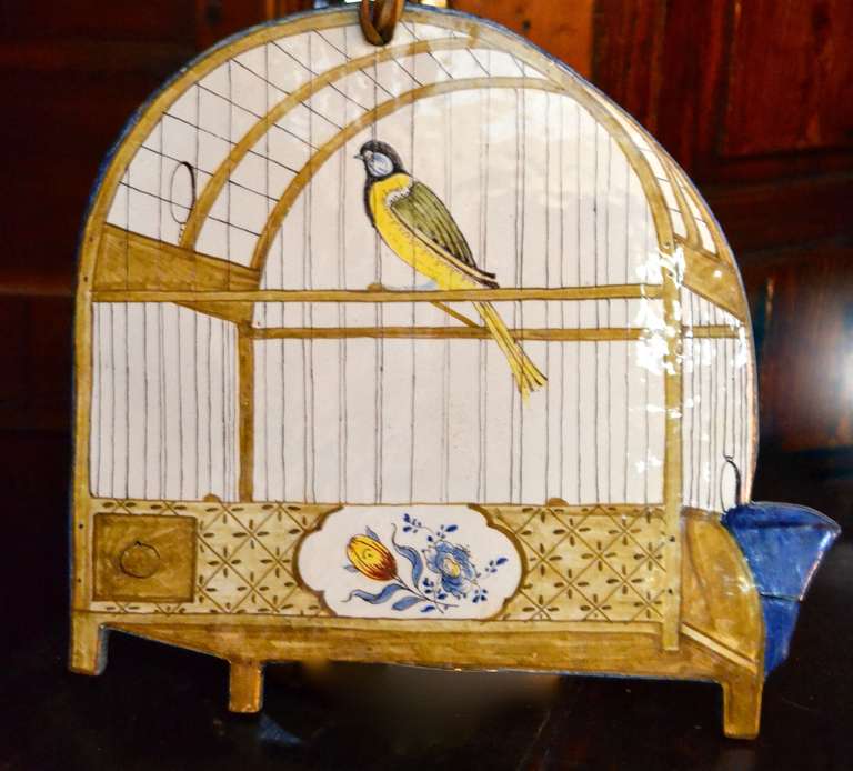 Dutch 18th Century Polychrome Delft Birdcage Plaque Picture For Sale