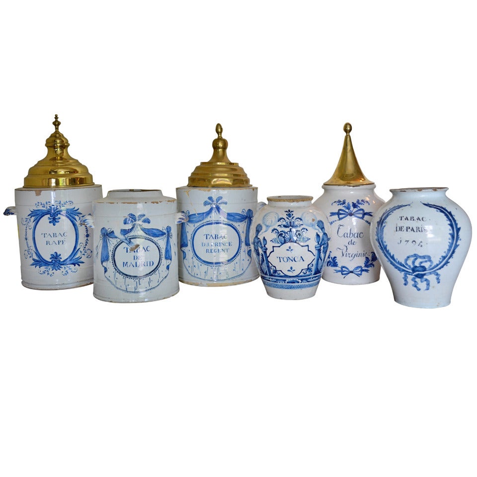 Beautiful Collection of 18th Century Delft Tobacco Jars For Sale