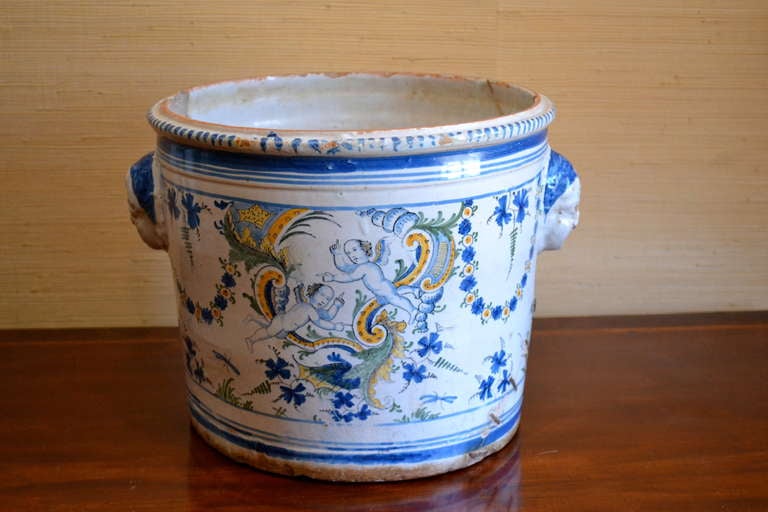 Large 18th Century Polychrome Pot with Staples
