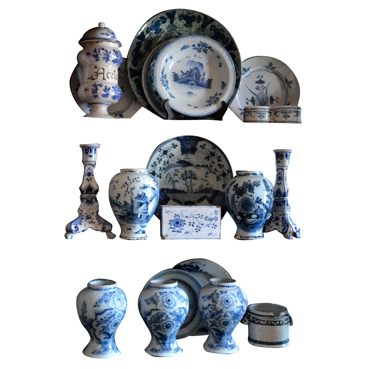 Large Wonderful Early Collection of 18th Century Delft Pottery For Sale