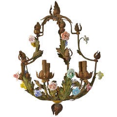 French Tole Chandelier with Porcelain Flowers