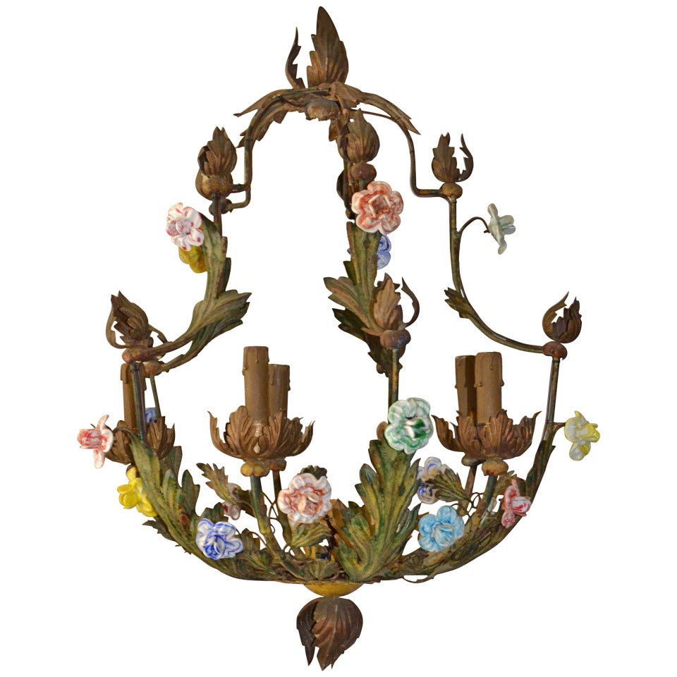 French Tole Chandelier with Porcelain Flowers For Sale
