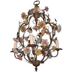 Small French Bronze Chandelier with Porcelain Flowers
