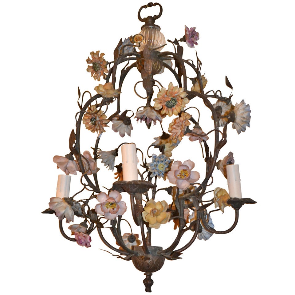 Small French Bronze Chandelier with Porcelain Flowers For Sale at 1stDibs