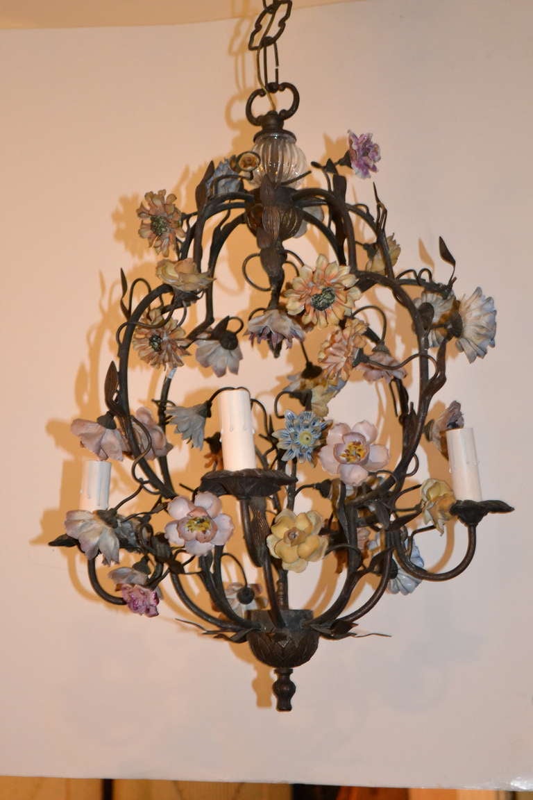 Small French Bronze Chandelier with Porcelain Flowers