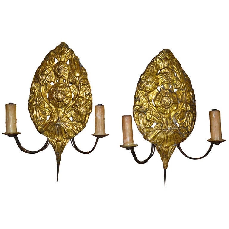 Pair of 19th Century Brass Feather Sconces For Sale