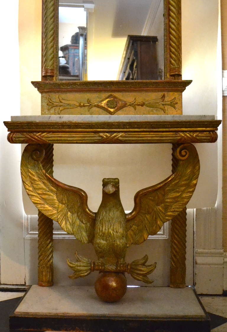 Early 19th C. Gilded, Painted and Carved Swedish Console with Eagle and Mirror In Good Condition In Richmond, VA