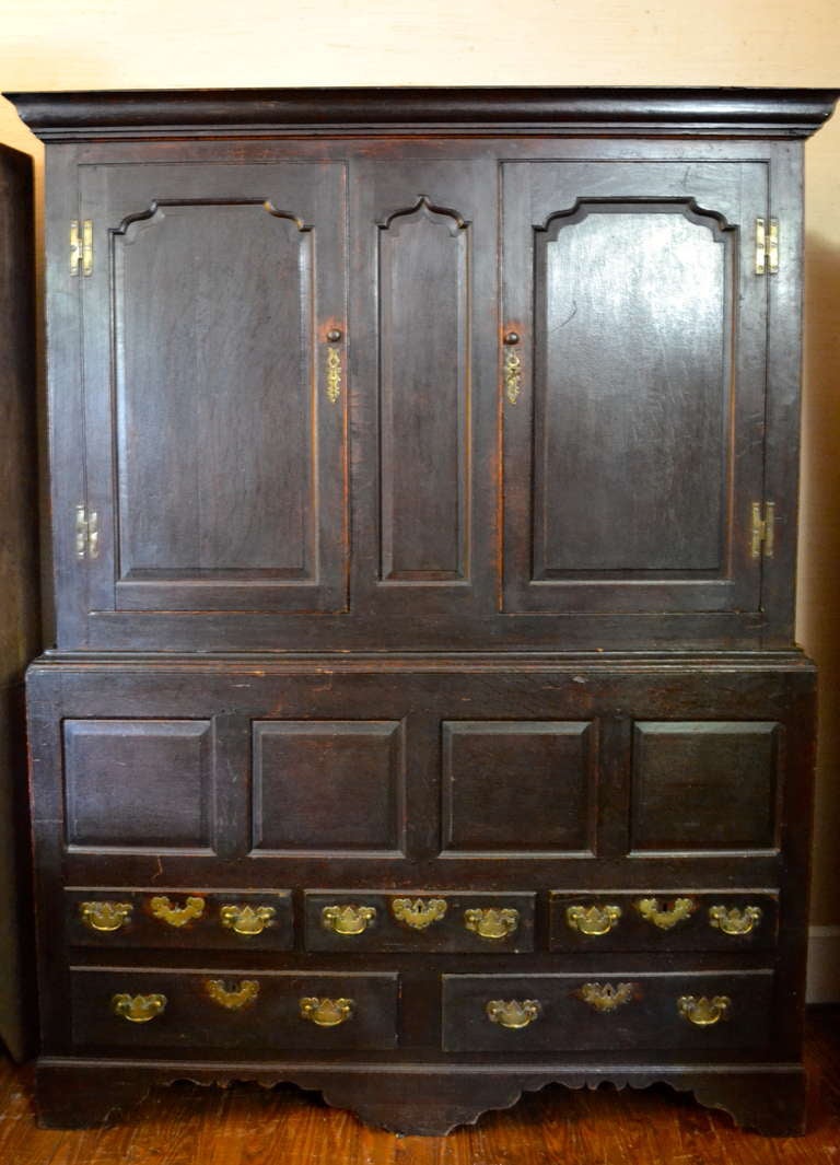 Mid 18th Century English Livery Cupboard with Doors and Drawers.  The Top Part of this Cupboard could be used to house a large television.  Bottom has drawers which are great for storage.