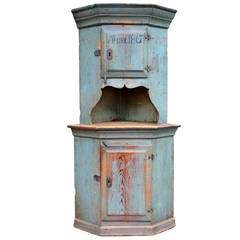 Small Early 19th Century Blue Painted Swedish Standing Corner Cabinet (Cupboard)