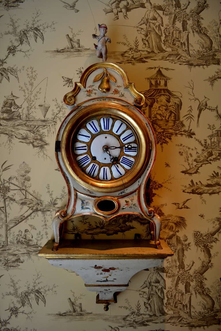 18th Century French Painted Clock with Original Bracket