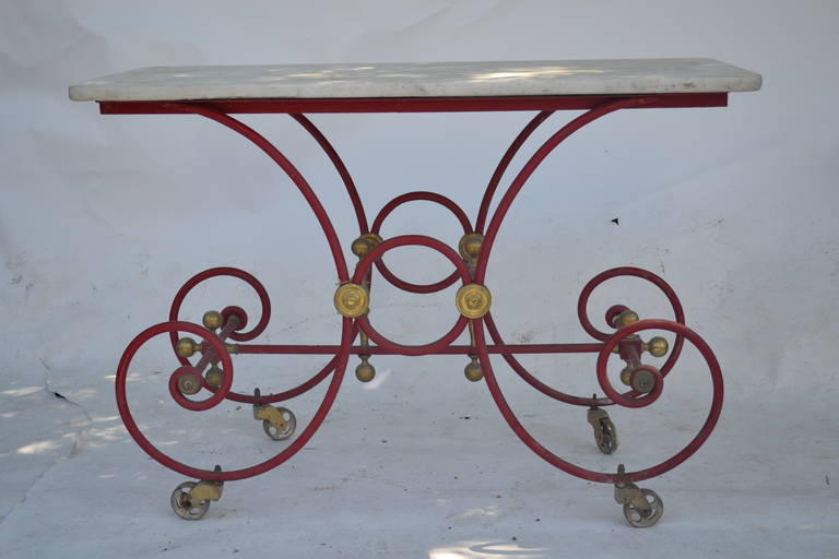 19th Century French Iron Bakers Table Painted Red with Marble Top For Sale 2