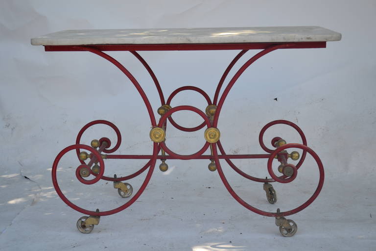 19th Century French Iron Bakers Table Painted Red with Marble Top