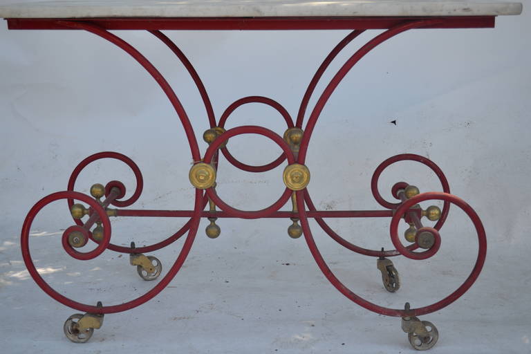 19th Century French Iron Bakers Table Painted Red with Marble Top For Sale 1