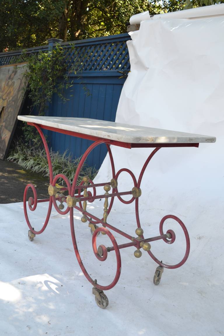 19th Century French Iron Bakers Table Painted Red with Marble Top For Sale 3