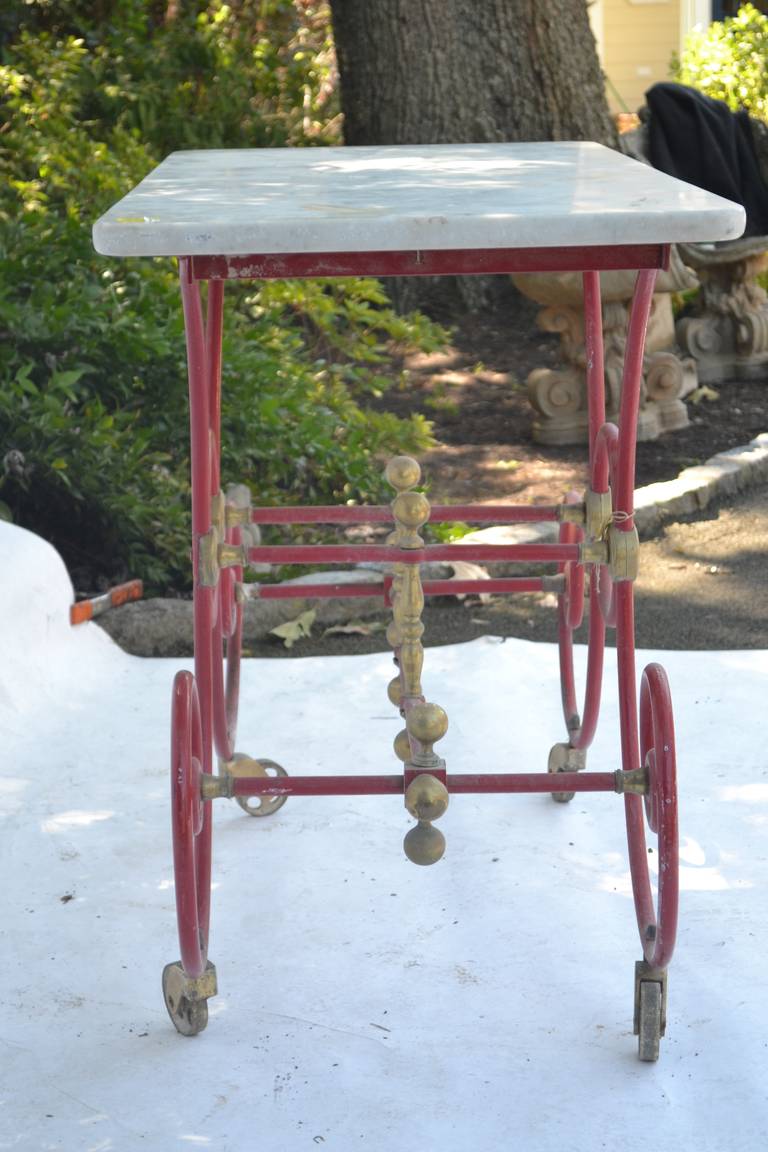 19th Century French Iron Bakers Table Painted Red with Marble Top For Sale 4