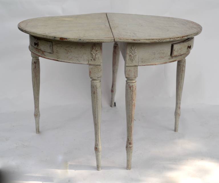 Pair of Early 19th Century Scraped Swedish Demi Lune Tables with Drawers
