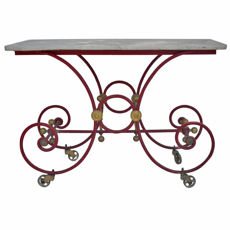 19th Century French Iron Bakers Table Painted Red with Marble Top For Sale
