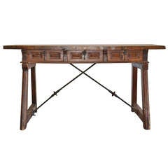 18th Century Spanish Table with Three Drawers and Iron Stretchers