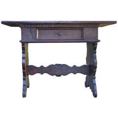 Early 19th Century Italian Table with Drawer, Carved Legs and Stretcher