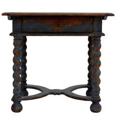 Early 19th Century Swedish Painted Blue Table with Turned Legs and Drawer