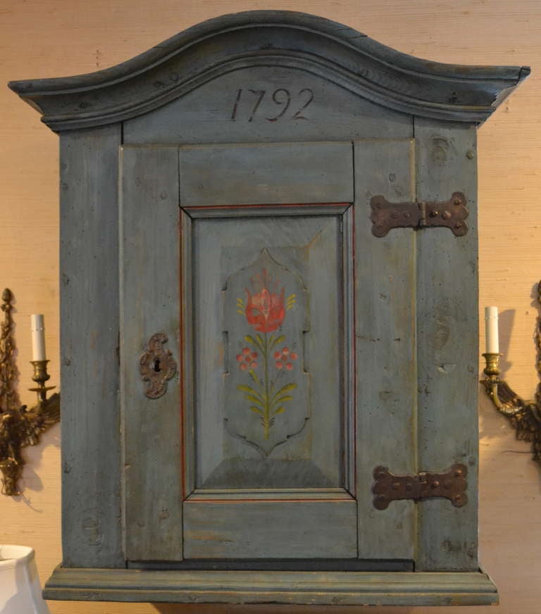 19th Century Swedish Painted Blue Hanging Cabinet with Dome Top In Good Condition For Sale In Richmond, VA